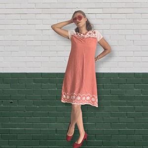 Vtg Naf Collection Red N White polkadot Embroidered Flower design Shift Dress